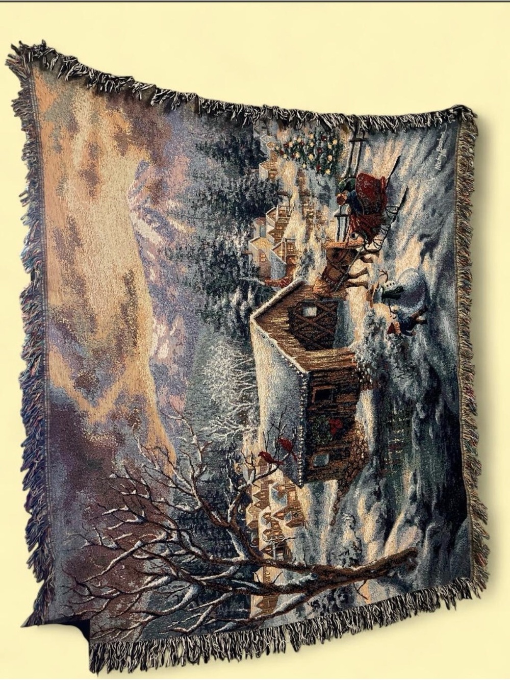 Christmas Tapestry Blanket Snowy Village House Trees Vintage Style 60x52